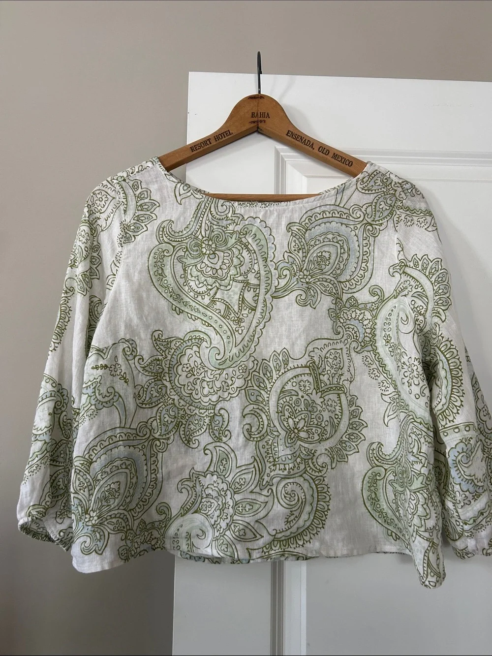 Rachel Zoe Linen Paisley Print Blouse Sz L w MEASUREMENTS Keyhole Back, Cropped